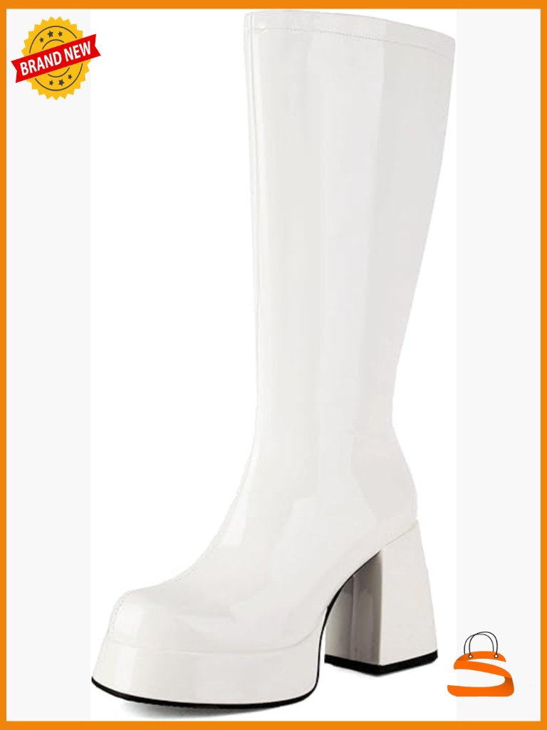 Knee High Platform Chunky Heel Square Toe Patent Leather Go-Go Boots Disco